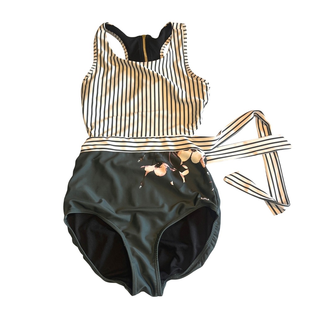 Albion Fit Striped and Floral One Piece Swimsuit Green Black White Tie Waist